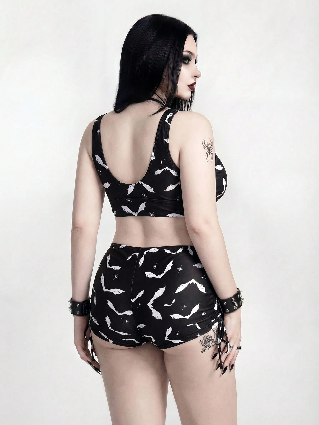 ROMWE 2026 Spring/Summer Plus Size Gothic Goth Bat Print Swimwear Set For Women Beach Party Black
