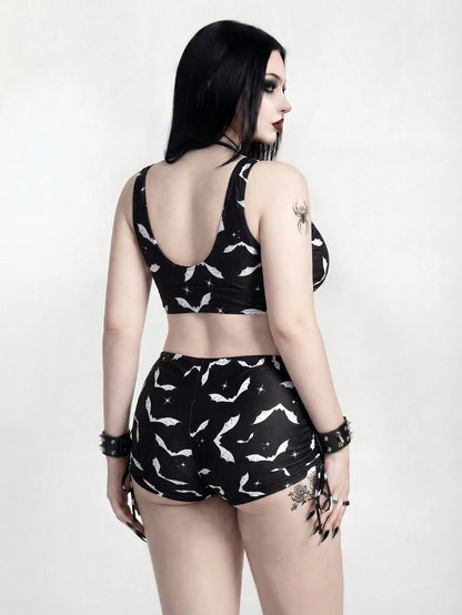 ROMWE 2026 Spring/Summer Plus Size Gothic Goth Bat Print Swimwear Set For Women Beach Party Black