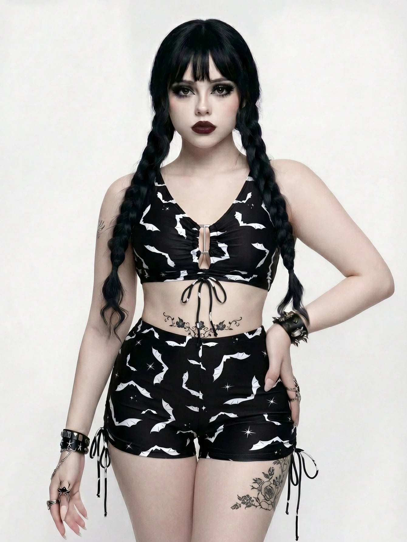 ROMWE 2026 Spring/Summer Plus Size Gothic Goth Bat Print Swimwear Set For Women Beach Party Black