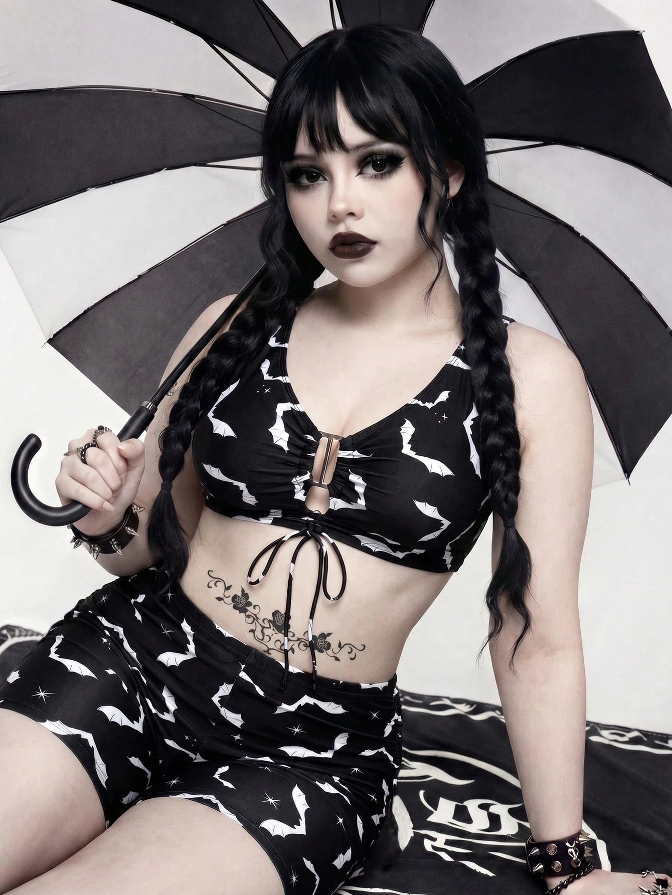 ROMWE 2026 Spring/Summer Plus Size Gothic Goth Bat Print Swimwear Set For Women Beach Party Black