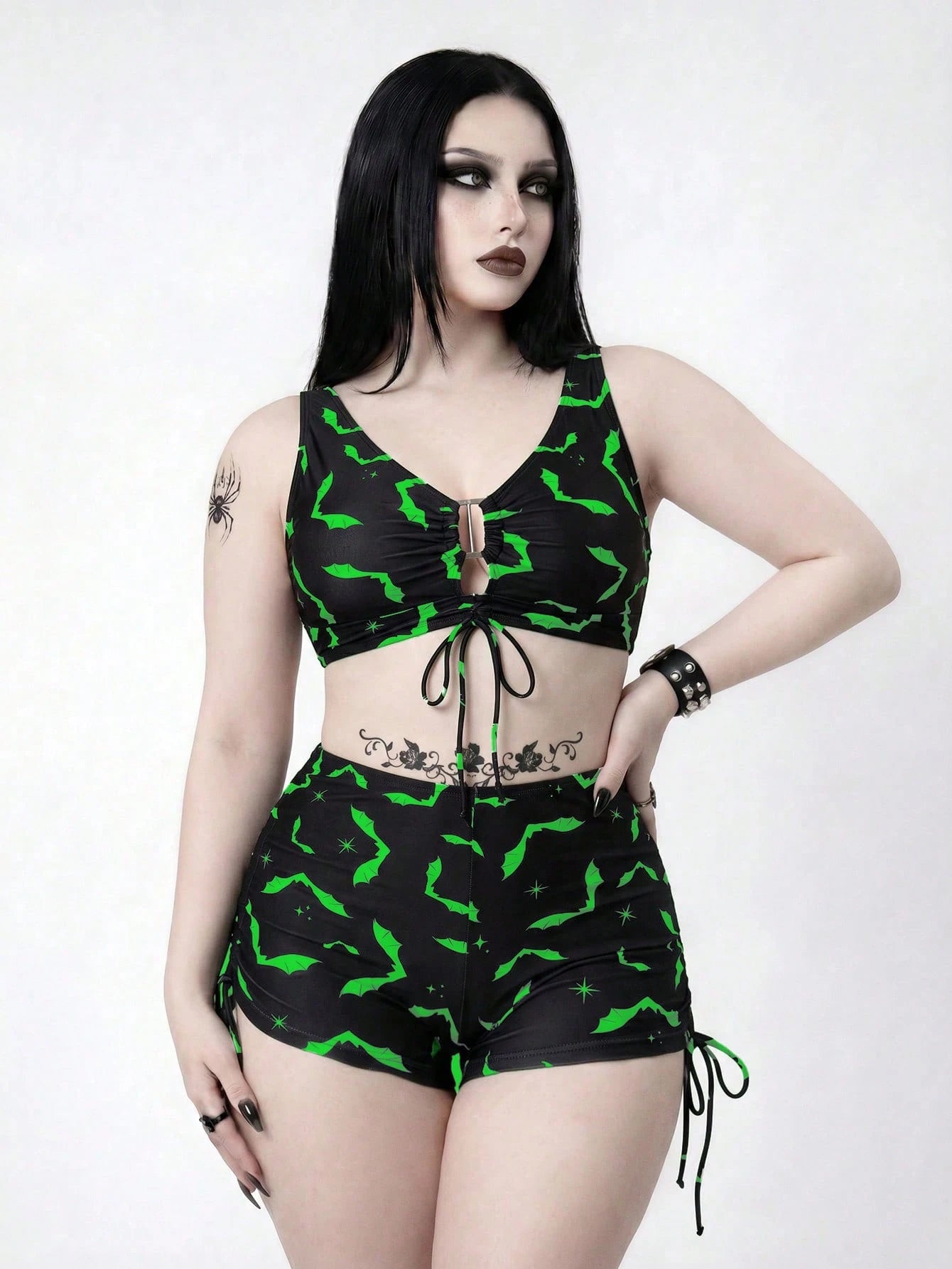 ROMWE 2026 Spring/Summer Plus Size Gothic Goth Bat Print Swimwear Set For Women Beach Party Black