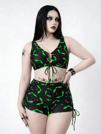 ROMWE 2026 Spring/Summer Plus Size Gothic Goth Bat Print Swimwear Set For Women Beach Party Black