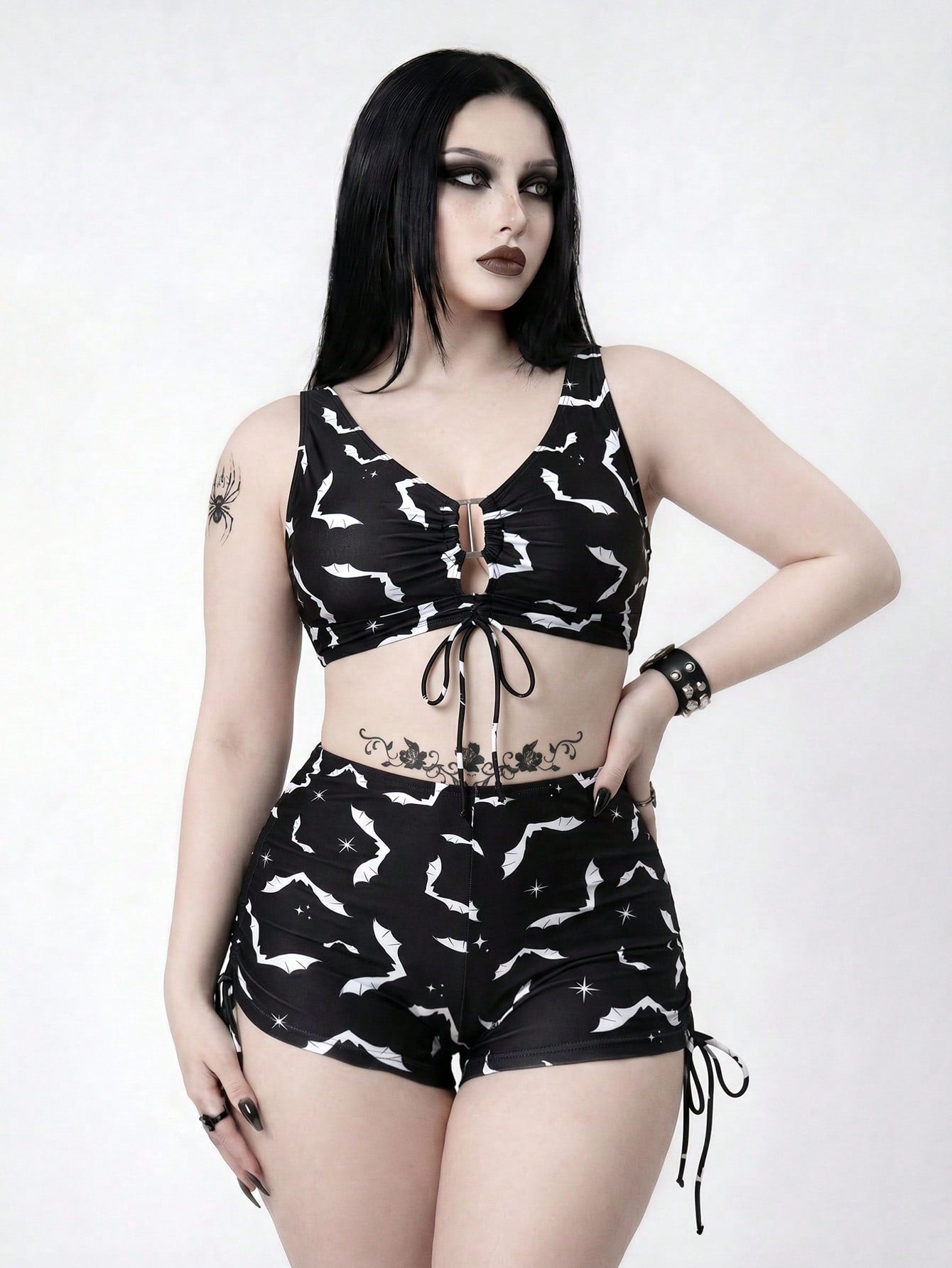 ROMWE 2026 Spring/Summer Plus Size Gothic Goth Bat Print Swimwear Set For Women Beach Party Black