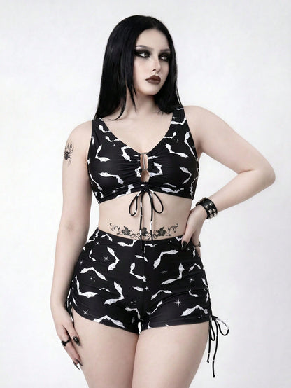 ROMWE 2026 Spring/Summer Plus Size Gothic Goth Bat Print Swimwear Set For Women Beach Party Black