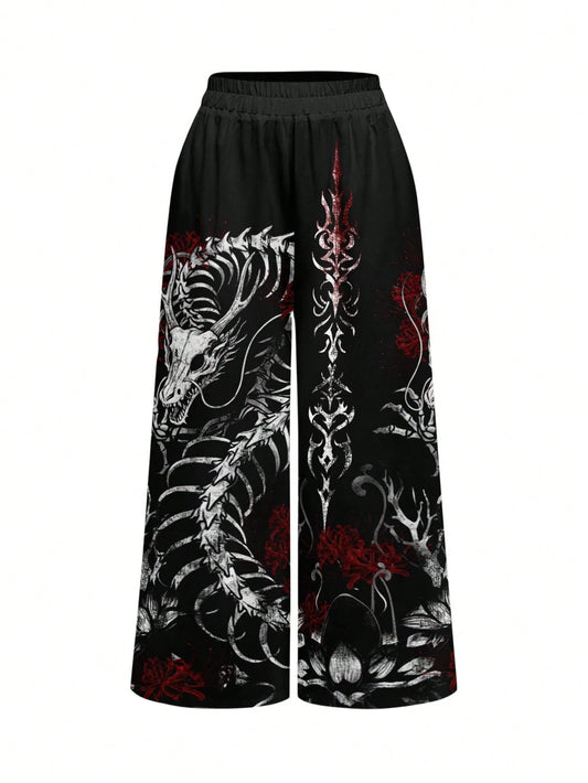 ROMWE Avant Punk Dark Goth Skeleton, Lotus, Thorn Print Wide Leg Pants For Women