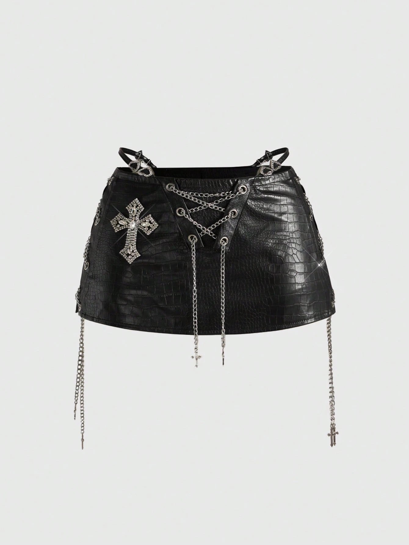 ROMWE Avant Spring/Summer Women's Retro Gyaru Biker PU Decorative Accessory Super Low Waist Mini Bodycon Skirt