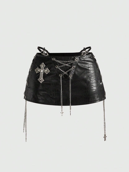 ROMWE Avant Spring/Summer Women's Retro Gyaru Biker PU Decorative Accessory Super Low Waist Mini Bodycon Skirt