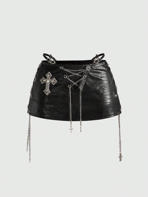 ROMWE Avant Spring/Summer Women's Retro Gyaru Biker PU Decorative Accessory Super Low Waist Mini Bodycon Skirt