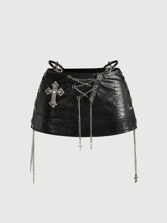 ROMWE Avant Spring/Summer Women's Retro Gyaru Biker PU Decorative Accessory Super Low Waist Mini Bodycon Skirt