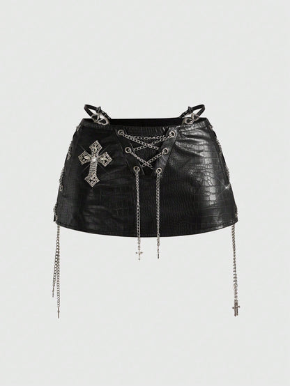 ROMWE Avant Spring/Summer Women's Retro Gyaru Biker PU Decorative Accessory Super Low Waist Mini Bodycon Skirt