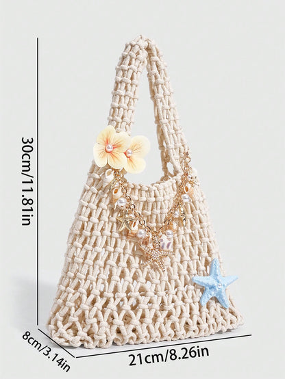 ROMWE Fairycore 1pc Fashionable Personalized Spring/Summer Beach Vacation Style Colorful Ocean Woven Beach Bag, Large Size Women Handbag, Beach Bag,Holiday