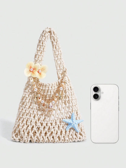 ROMWE Fairycore 1pc Fashionable Personalized Spring/Summer Beach Vacation Style Colorful Ocean Woven Beach Bag, Large Size Women Handbag, Beach Bag,Holiday