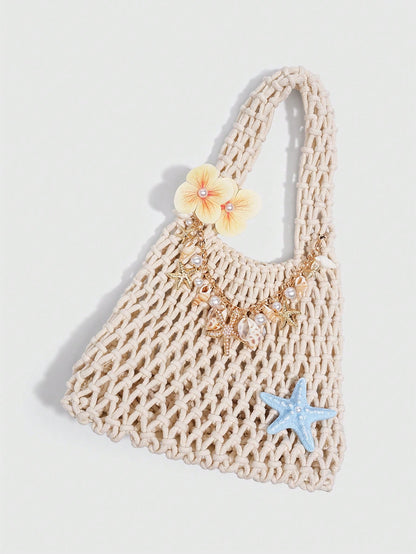 ROMWE Fairycore 1pc Fashionable Personalized Spring/Summer Beach Vacation Style Colorful Ocean Woven Beach Bag, Large Size Women Handbag, Beach Bag,Holiday
