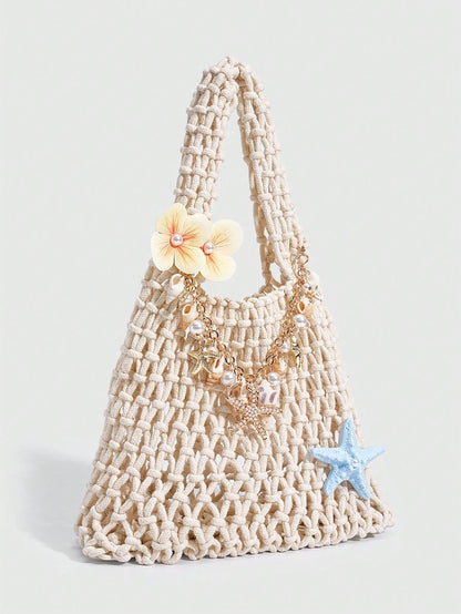 ROMWE Fairycore 1pc Fashionable Personalized Spring/Summer Beach Vacation Style Colorful Ocean Woven Beach Bag, Large Size Women Handbag, Beach Bag,Holiday
