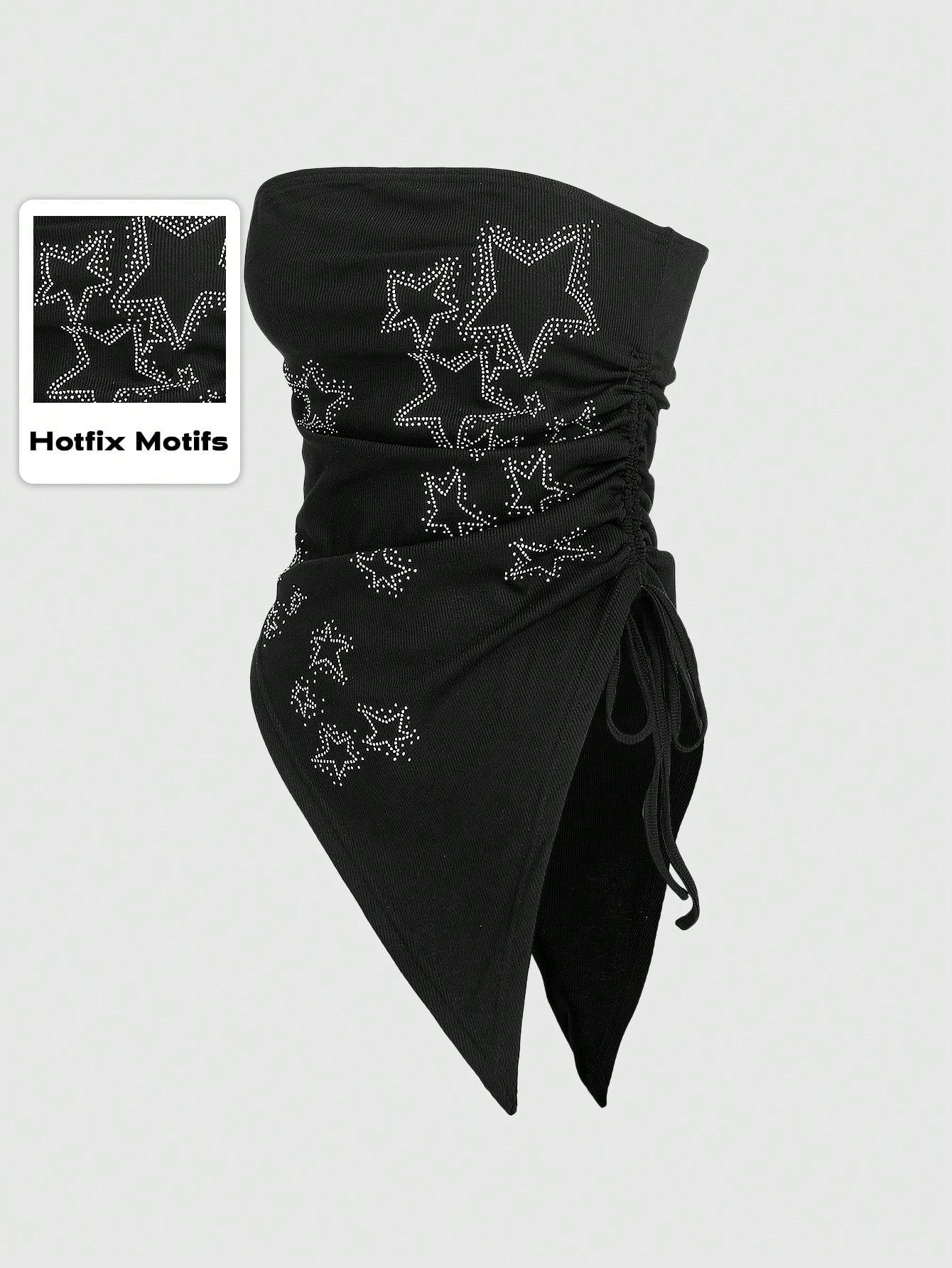 ROMWE Grunge Punk Plus Size Women's Asymmetrical Strapless Top With Star Rhinestone And Drawstring Hem For Punk Music Festival, Summer, School, Carnival