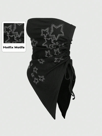 ROMWE Grunge Punk Plus Size Women's Asymmetrical Strapless Top With Star Rhinestone And Drawstring Hem For Punk Music Festival, Summer, School, Carnival