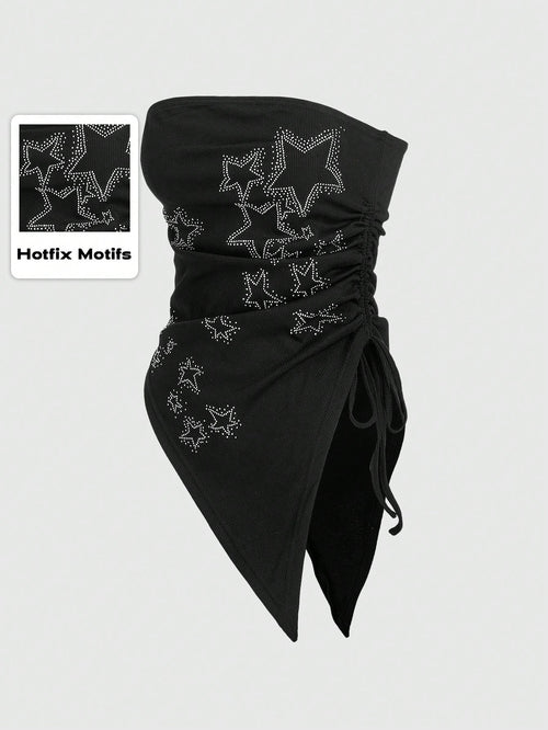 ROMWE Grunge Punk Plus Size Women's Asymmetrical Strapless Top With Star Rhinestone And Drawstring Hem For Punk Music Festival, Summer, School, Carnival