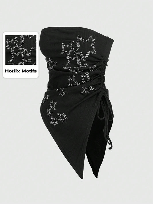 ROMWE Grunge Punk Plus Size Women's Asymmetrical Strapless Top With Star Rhinestone And Drawstring Hem For Punk Music Festival, Summer, School, Carnival