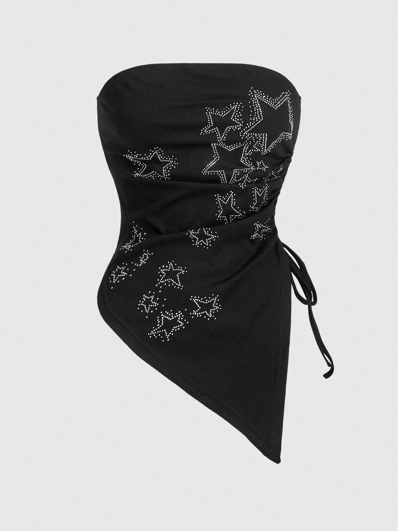 ROMWE Grunge Punk Plus Size Women's Asymmetrical Strapless Top With Star Rhinestone And Drawstring Hem For Punk Music Festival, Summer, School, Carnival