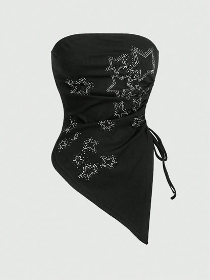 ROMWE Grunge Punk Plus Size Women's Asymmetrical Strapless Top With Star Rhinestone And Drawstring Hem For Punk Music Festival, Summer, School, Carnival
