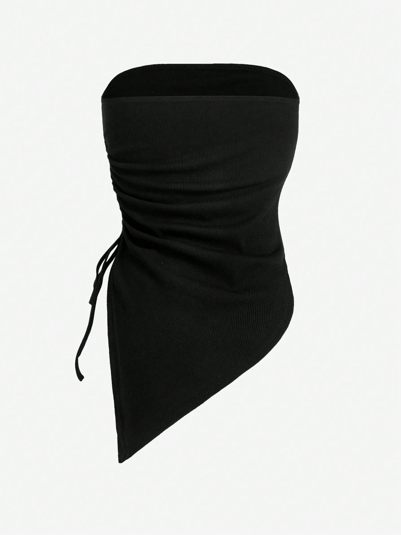 ROMWE Grunge Punk Plus Size Women's Asymmetrical Strapless Top With Star Rhinestone And Drawstring Hem For Punk Music Festival, Summer, School, Carnival