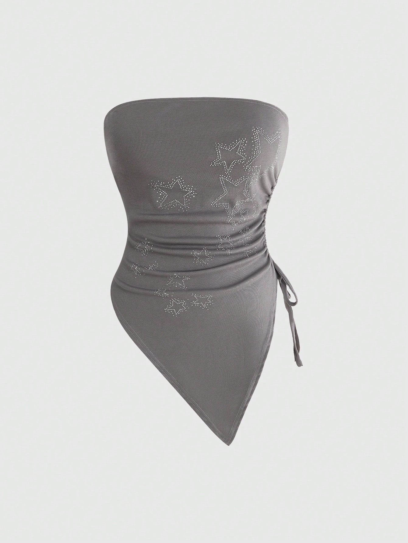 ROMWE Grunge Punk Plus Size Women's Asymmetrical Strapless Top With Star Rhinestone And Drawstring Hem For Punk Music Festival, Summer, School, Carnival