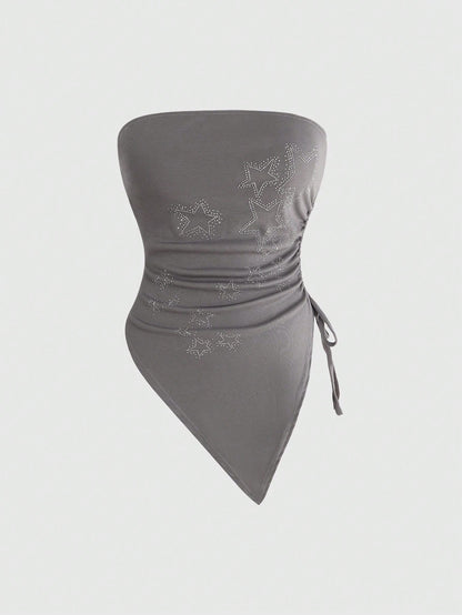 ROMWE Grunge Punk Plus Size Women's Asymmetrical Strapless Top With Star Rhinestone And Drawstring Hem For Punk Music Festival, Summer, School, Carnival