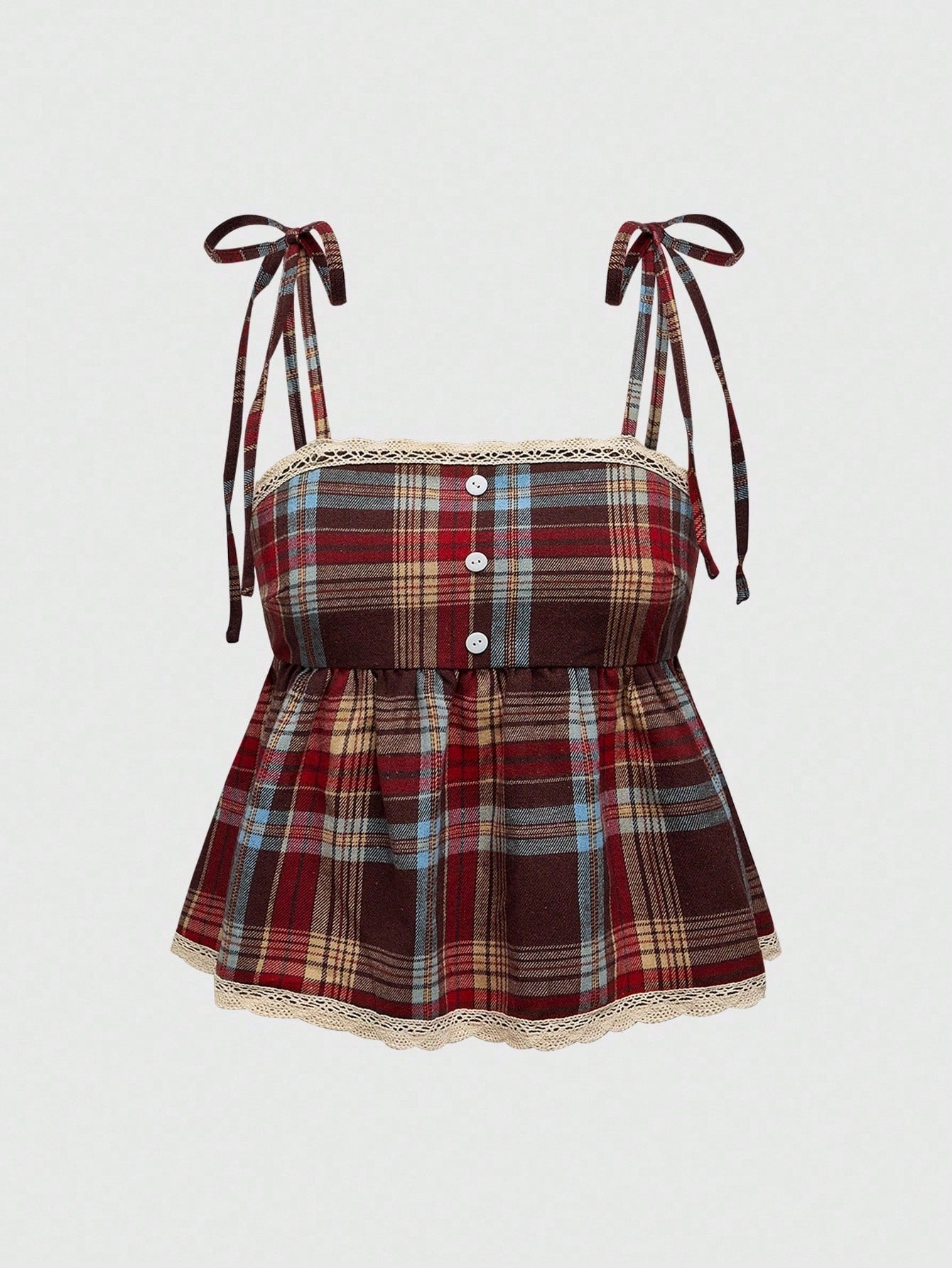 ROMWE Grunge Punk Spring/Summer Carnival Casual Plaid Red Vintage Plaid Red & Brown Adjustable Straps Bow Decor Plus Size Camisole & Tank Top, Collegiate & Street Style