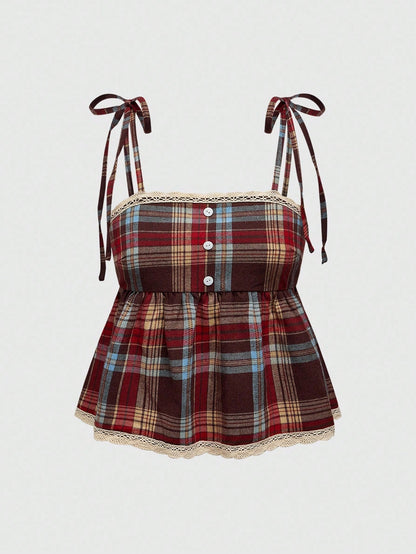 ROMWE Grunge Punk Spring/Summer Carnival Casual Plaid Red Vintage Plaid Red & Brown Adjustable Straps Bow Decor Plus Size Camisole & Tank Top, Collegiate & Street Style