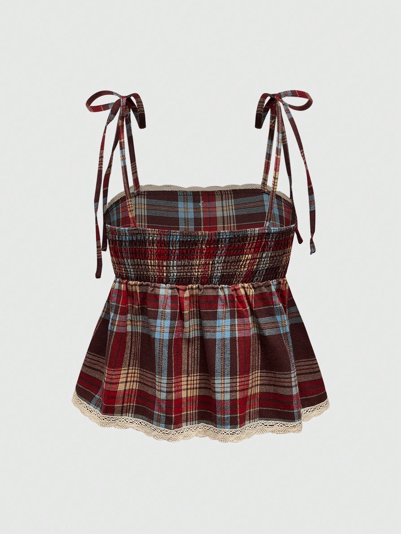ROMWE Grunge Punk Spring/Summer Carnival Casual Plaid Red Vintage Plaid Red & Brown Adjustable Straps Bow Decor Plus Size Camisole & Tank Top, Collegiate & Street Style