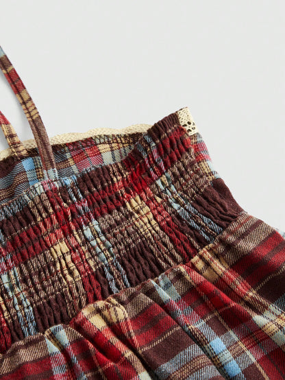 ROMWE Grunge Punk Spring/Summer Carnival Casual Plaid Red Vintage Plaid Red & Brown Adjustable Straps Bow Decor Plus Size Camisole & Tank Top, Collegiate & Street Style