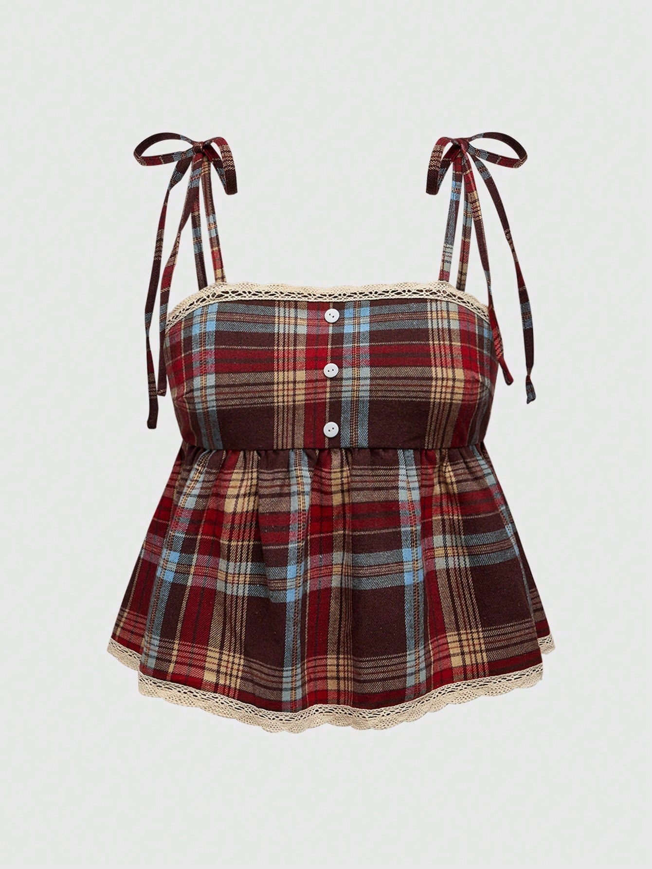 ROMWE Grunge Punk Spring/Summer Carnival Casual Plaid Red Vintage Plaid Red & Brown Adjustable Straps Bow Decor Plus Size Camisole & Tank Top, Collegiate & Street Style