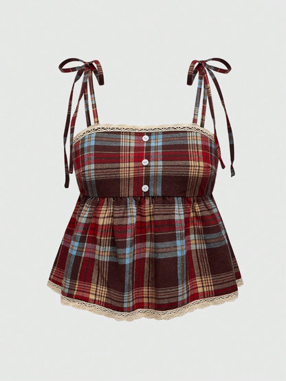 ROMWE Grunge Punk Spring/Summer Carnival Casual Plaid Red Vintage Plaid Red & Brown Adjustable Straps Bow Decor Plus Size Camisole & Tank Top, Collegiate & Street Style