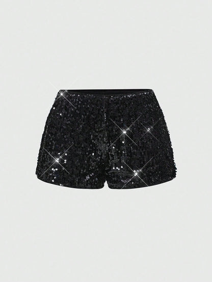 ROMWE Grunge Punk Women Carnival Party Luxy Black Glitter Sequin Sexy Low Waist Stretchy Mini Shorts