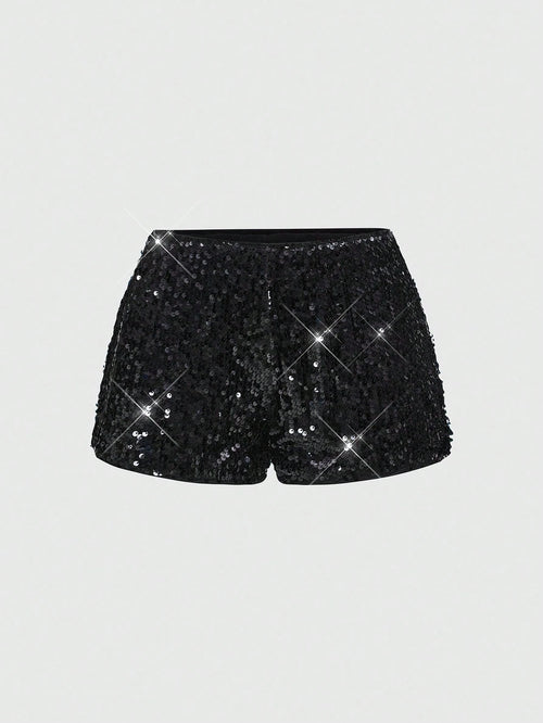 ROMWE Grunge Punk Women Carnival Party Luxy Black Glitter Sequin Sexy Low Waist Stretchy Mini Shorts
