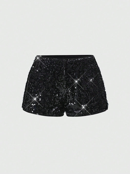 ROMWE Grunge Punk Women Carnival Party Luxy Black Glitter Sequin Sexy Low Waist Stretchy Mini Shorts