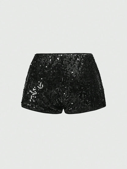 ROMWE Grunge Punk Women Carnival Party Luxy Black Glitter Sequin Sexy Low Waist Stretchy Mini Shorts