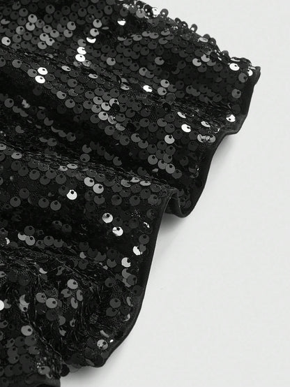 ROMWE Grunge Punk Women Carnival Party Luxy Black Glitter Sequin Sexy Low Waist Stretchy Mini Shorts