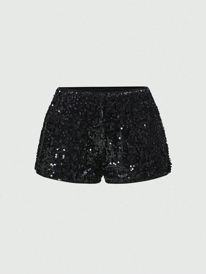 ROMWE Grunge Punk Women Carnival Party Luxy Black Glitter Sequin Sexy Low Waist Stretchy Mini Shorts