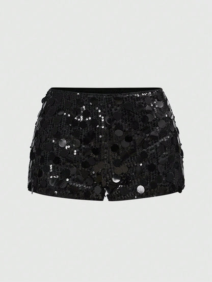 ROMWE Grunge Punk Women Carnival Party Luxy Black Glitter Sequin Sexy Low Waist Stretchy Mini Shorts