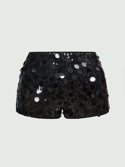 ROMWE Grunge Punk Women Carnival Party Luxy Black Glitter Sequin Sexy Low Waist Stretchy Mini Shorts