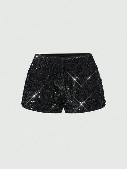 ROMWE Grunge Punk Women Carnival Party Luxy Black Glitter Sequin Sexy Low Waist Stretchy Mini Shorts
