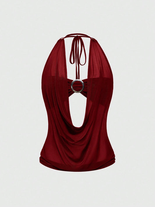 ROMWE Hippie Spring/Summer Valentine's Day Women's Y2K Retro Deep Draped Neck Backless Street Style Strapless Tank Top (Includes Camisole Lining)