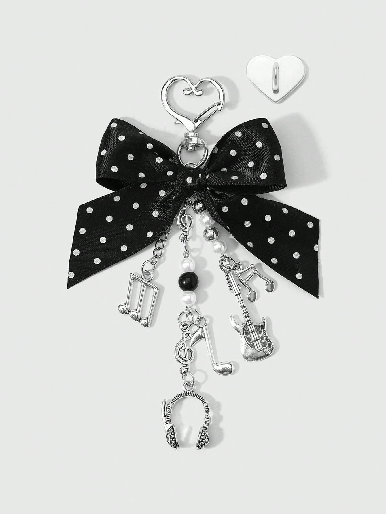 ROMWE Kawaii 1 Y2k Korean Fashion Retro Classic Temperament High Sense Music Festival Series Black Polka Dot Webbing Bow Resin CCB Round Beads Faux Pearl Alloy Notes Guitar Sound Symbols Mini Earphone