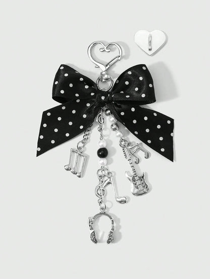 ROMWE Kawaii 1 Y2k Korean Fashion Retro Classic Temperament High Sense Music Festival Series Black Polka Dot Webbing Bow Resin CCB Round Beads Faux Pearl Alloy Notes Guitar Sound Symbols Mini Earphone