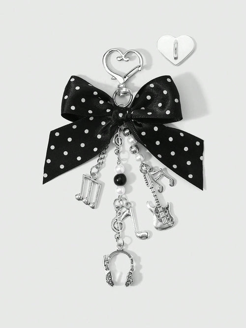 ROMWE Kawaii 1 Y2k Korean Fashion Retro Classic Temperament High Sense Music Festival Series Black Polka Dot Webbing Bow Resin CCB Round Beads Faux Pearl Alloy Notes Guitar Sound Symbols Mini Earphone