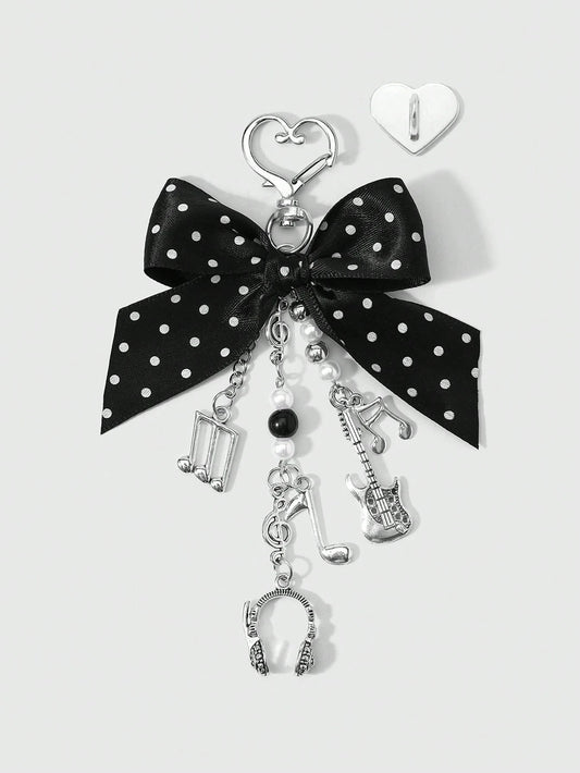 ROMWE Kawaii 1 Y2k Korean Fashion Retro Classic Temperament High Sense Music Festival Series Black Polka Dot Webbing Bow Resin CCB Round Beads Faux Pearl Alloy Notes Guitar Sound Symbols Mini Earphone