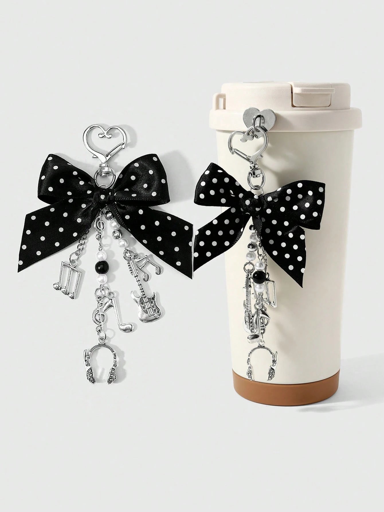 ROMWE Kawaii 1 Y2k Korean Fashion Retro Classic Temperament High Sense Music Festival Series Black Polka Dot Webbing Bow Resin CCB Round Beads Faux Pearl Alloy Notes Guitar Sound Symbols Mini Earphone
