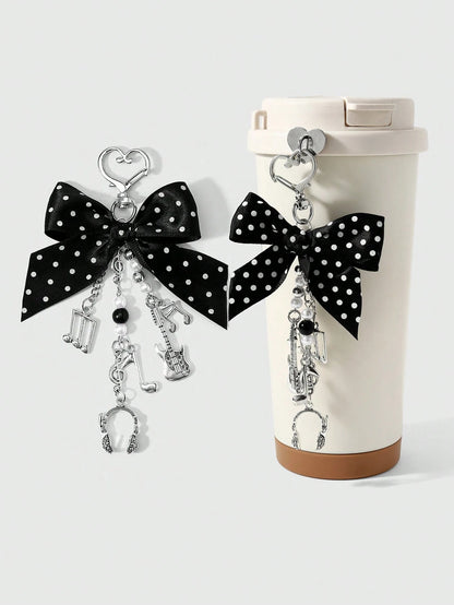 ROMWE Kawaii 1 Y2k Korean Fashion Retro Classic Temperament High Sense Music Festival Series Black Polka Dot Webbing Bow Resin CCB Round Beads Faux Pearl Alloy Notes Guitar Sound Symbols Mini Earphone