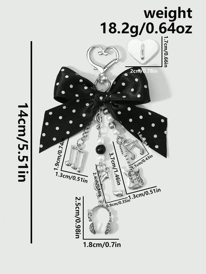 ROMWE Kawaii 1 Y2k Korean Fashion Retro Classic Temperament High Sense Music Festival Series Black Polka Dot Webbing Bow Resin CCB Round Beads Faux Pearl Alloy Notes Guitar Sound Symbols Mini Earphone